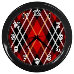 Black, Red, White Diagonal Plaids Wall Clock (black) by ConteMonfrey