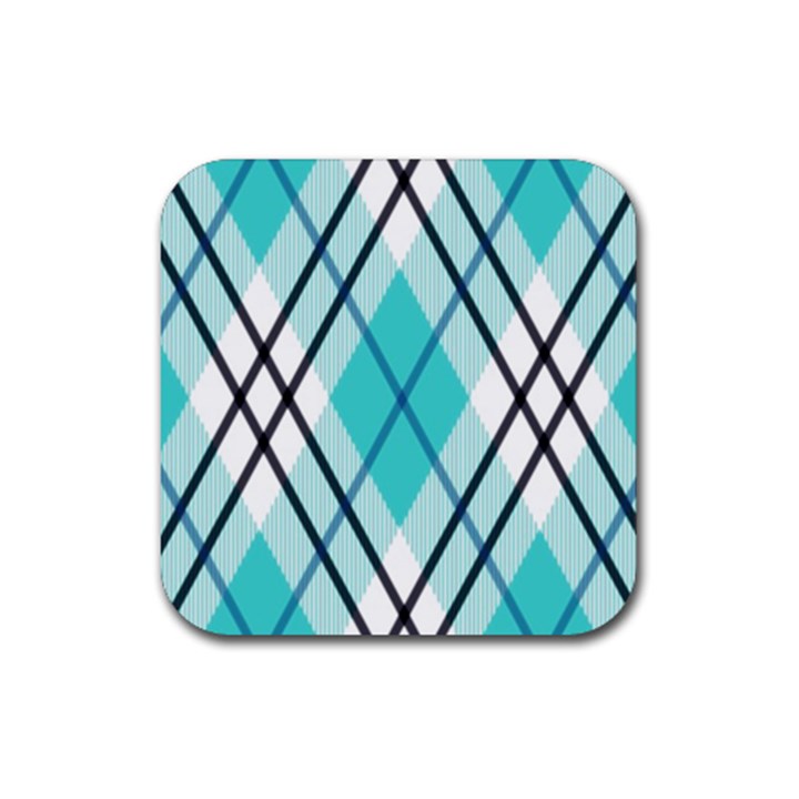 Ice blue diagonal plaids Rubber Coaster (Square)