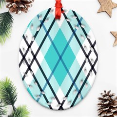 Ice Blue Diagonal Plaids Ornament (oval Filigree) by ConteMonfrey