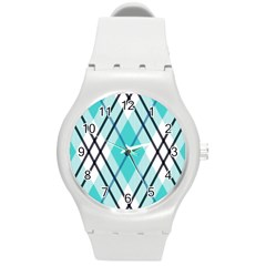 Ice blue diagonal plaids Round Plastic Sport Watch (M)