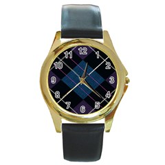 Modern Blue Plaid Round Gold Metal Watch