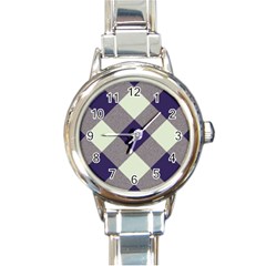 Dark Blue And White Diagonal Plaids Round Italian Charm Watch by ConteMonfrey