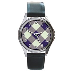 Dark Blue And White Diagonal Plaids Round Metal Watch by ConteMonfrey