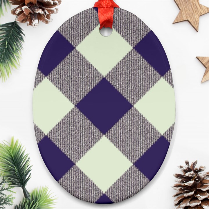 Dark blue and white diagonal plaids Ornament (Oval)