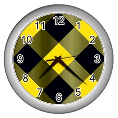 Dark Yellow Diagonal Plaids Wall Clock (silver) by ConteMonfrey