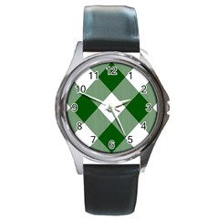 Green And White Diagonal Plaids Round Metal Watch by ConteMonfrey