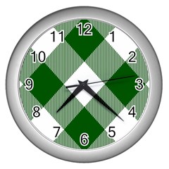 Green and white diagonal plaids Wall Clock (Silver)