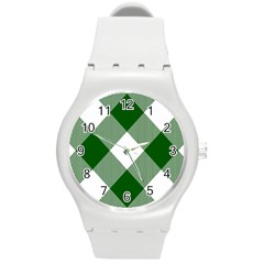 Green and white diagonal plaids Round Plastic Sport Watch (M)