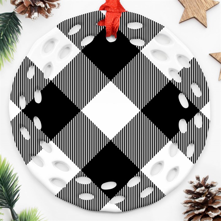 Black and white diagonal plaids Ornament (Round Filigree)