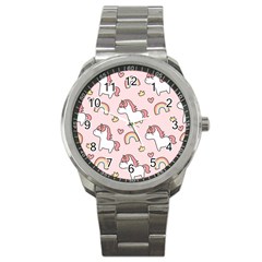 Cute-unicorn-rainbow-seamless-pattern-background Sport Metal Watch by Wegoenart