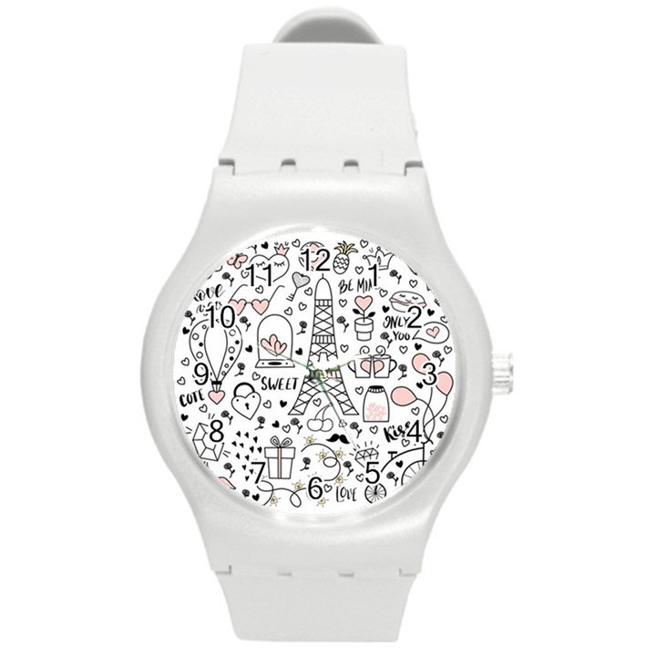 Big Collection With Hand Drawn Object Valentine Day Round Plastic Sport Watch (M)