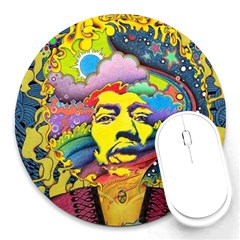 Psychedelic Rock Jimi Hendrix Round Mousepad by Jancukart