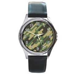 Camouflage Pattern Background Round Metal Watch by Wegoenart