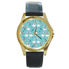 Elegant Swan Pattern Design Round Gold Metal Watch by Wegoenart