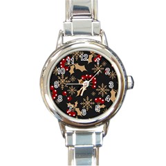 Christmas Pattern With Snowflakes-berries Round Italian Charm Watch by Wegoenart