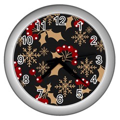 Christmas Pattern With Snowflakes-berries Wall Clock (silver) by Wegoenart