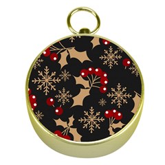 Christmas Pattern With Snowflakes-berries Gold Compasses by Wegoenart