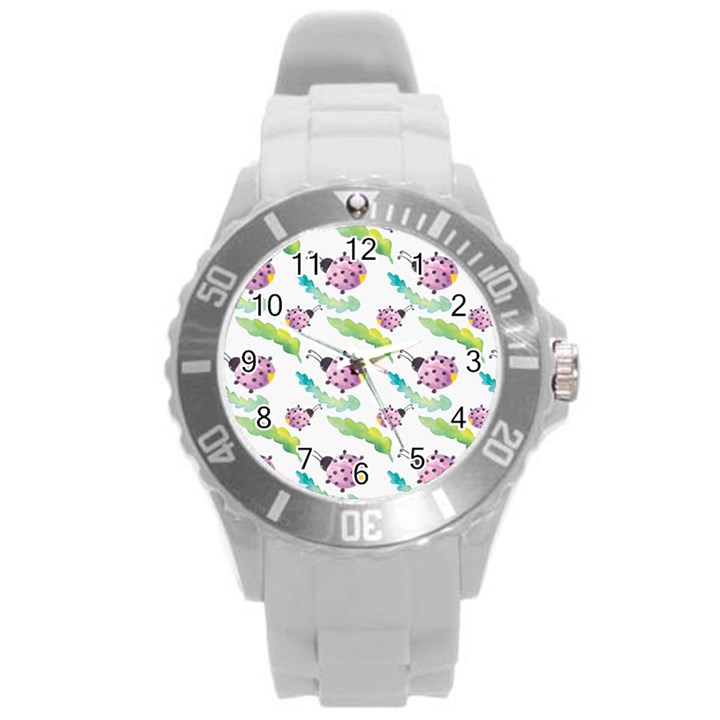 Watercolor-pattern-with-lady-bug Round Plastic Sport Watch (L)