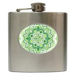 Floral-green-mandala-white Hip Flask (6 Oz) by Wegoenart