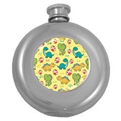 Seamless Pattern With Cute Dinosaurs Character Round Hip Flask (5 Oz) by Wegoenart