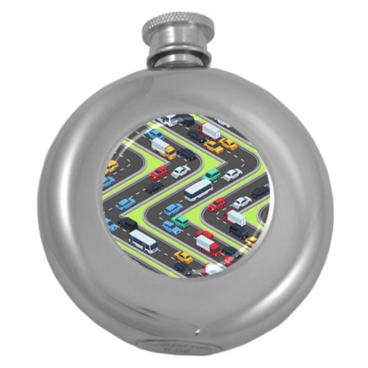 Urban Cars Seamless Texture Isometric Roads Car Traffic Seamless Pattern With Transport City Vector Round Hip Flask (5 oz)