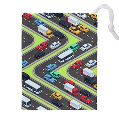 Urban Cars Seamless Texture Isometric Roads Car Traffic Seamless Pattern With Transport City Vector Drawstring Pouch (5xl) by Wegoenart