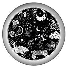 Vector-set-sketch-drawn-with-space Wall Clock (silver) by Wegoenart