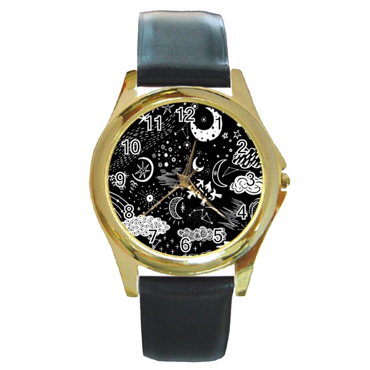 Vector-set-sketch-drawn-with-space Round Gold Metal Watch