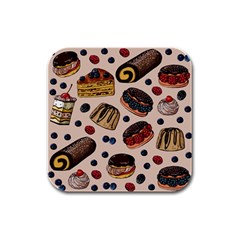 Seamless Pattern With Sweet Cakes Berries Rubber Square Coaster (4 Pack) by Wegoenart