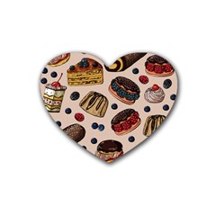 Seamless Pattern With Sweet Cakes Berries Rubber Heart Coaster (4 Pack) by Wegoenart