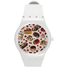 Seamless Pattern With Sweet Cakes Berries Round Plastic Sport Watch (m) by Wegoenart