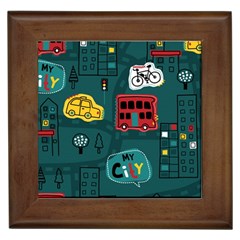 Seamless-pattern-hand-drawn-with-vehicles-buildings-road Framed Tile by Wegoenart