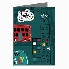 Seamless-pattern-hand-drawn-with-vehicles-buildings-road Greeting Card by Wegoenart