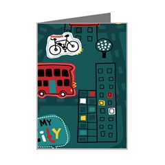 Seamless-pattern-hand-drawn-with-vehicles-buildings-road Mini Greeting Card by Wegoenart