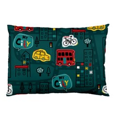 Seamless-pattern-hand-drawn-with-vehicles-buildings-road Pillow Case by Wegoenart