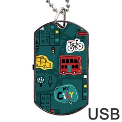 Seamless-pattern-hand-drawn-with-vehicles-buildings-road Dog Tag Usb Flash (one Side) by Wegoenart