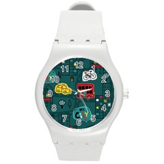 Seamless-pattern-hand-drawn-with-vehicles-buildings-road Round Plastic Sport Watch (m) by Wegoenart