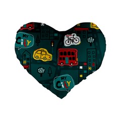 Seamless-pattern-hand-drawn-with-vehicles-buildings-road Standard 16  Premium Heart Shape Cushions by Wegoenart