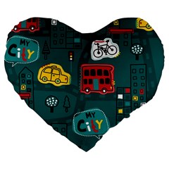 Seamless-pattern-hand-drawn-with-vehicles-buildings-road Large 19  Premium Heart Shape Cushions by Wegoenart