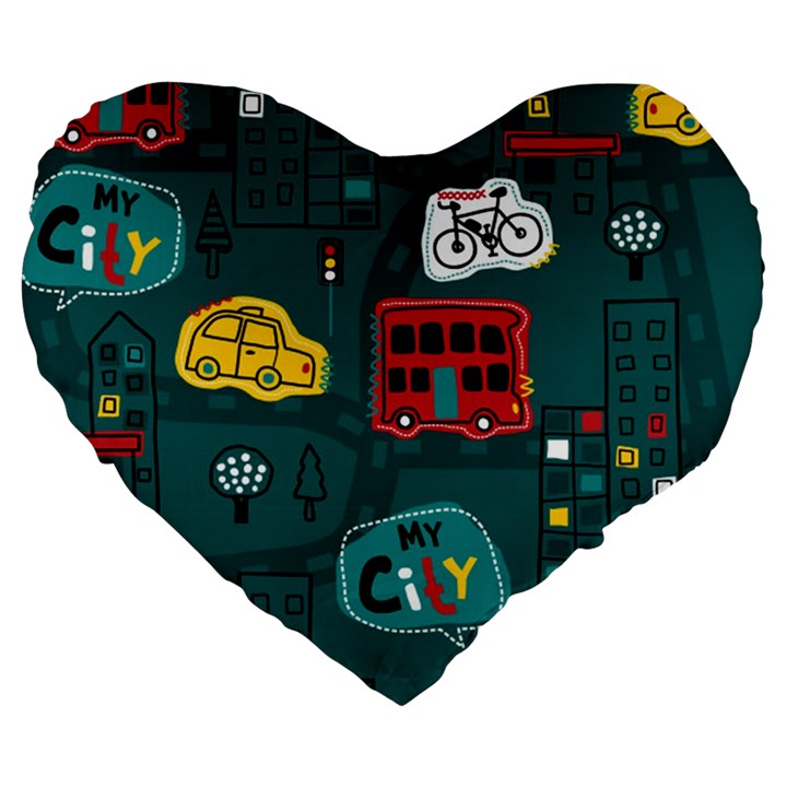 Seamless-pattern-hand-drawn-with-vehicles-buildings-road Large 19  Premium Heart Shape Cushions