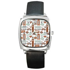 Seamless-pattern-with-london-elements-landmarks Square Metal Watch by Wegoenart