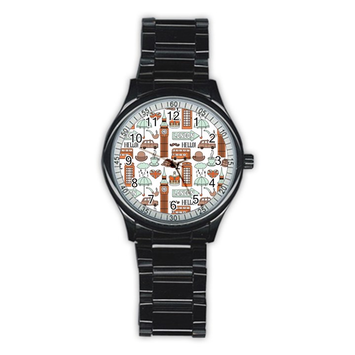 Seamless-pattern-with-london-elements-landmarks Stainless Steel Round Watch