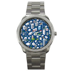 Isometric-seamless-pattern-megapolis Sport Metal Watch by Wegoenart