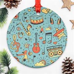 Seamless-pattern-musical-instruments-notes-headphones-player Ornament (round) by Wegoenart