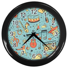 Seamless-pattern-musical-instruments-notes-headphones-player Wall Clock (black) by Wegoenart