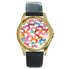 Rainbow Pattern Round Gold Metal Watch by designsbymallika