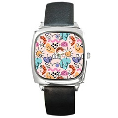 Abstract Doodle Pattern Square Metal Watch