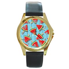 Blue Watermelon Popsicle  Round Gold Metal Watch