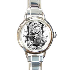 Drawing Angry Male Lion Roar Animal Round Italian Charm Watch by danenraven