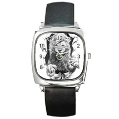 Drawing Angry Male Lion Roar Animal Square Metal Watch by danenraven